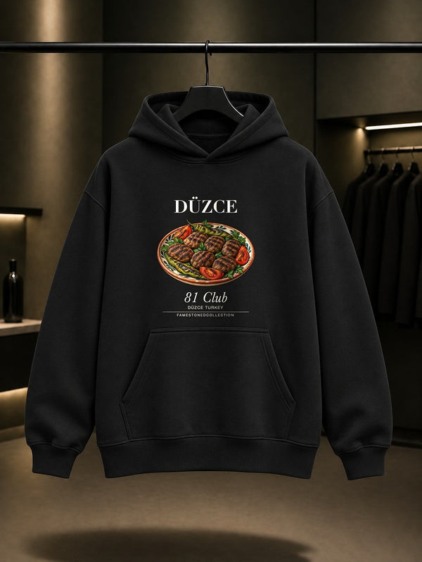 Düzce Köftesi 81 Club baskılı siyah kapüşonlu sweatshirt