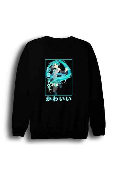 fame-stoned Hatsune Miku Anime Baskılı Unisex %100 Pamuk Siyah Bisiklet Yaka Sweatshirt