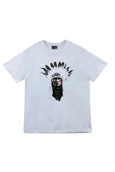 fame-stoned Kızılderili Baskılı Unisex %100 Pamuk Beyaz T-shirt
