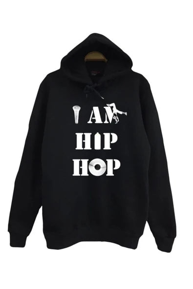 I Am Hıp Hop baskılı siyah kapüşonlu sweatshirt
