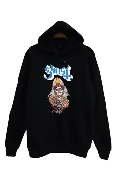 Ghost Logosu ve Papa Emeritus baskılı siyah kapüşonlu sweatshirt