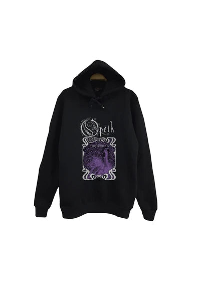 Opeth - Müzik Grubu Mor art nouveau cerceveli baskılı siyah kapüşonlu sweatshirt