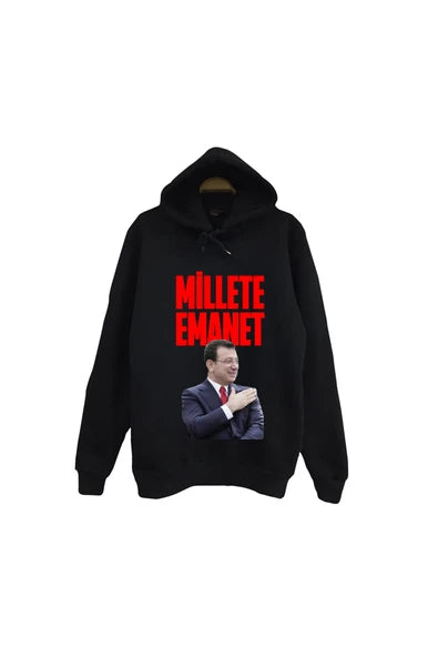 fame-stoned Ekrem İmamoğlu Millete Emanet Baskılı Unisex %100 Pamuk Kapüşonlu Siyah Sweatshirt