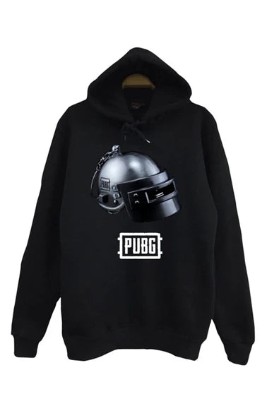 PUBG Level 3 kask görseli baskılı siyah kapüşonlu sweatshirt