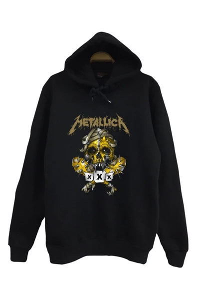 Metallica Logosu ve sarı sargılı baskılı siyah kapüşonlu sweatshirt