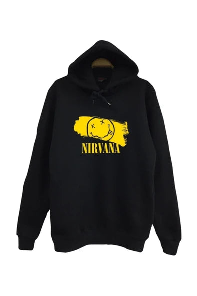 fame-stoned Nirvana-kurt Cobain Baskılı Kapüşonlu %100 Pamuk Siyah Sweatshirt