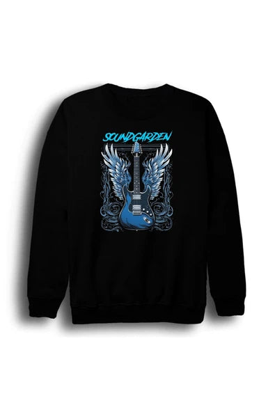 Soundgarden - Müzik Grubu Logosu ve kanatlı baskılı siyah sweatshirt