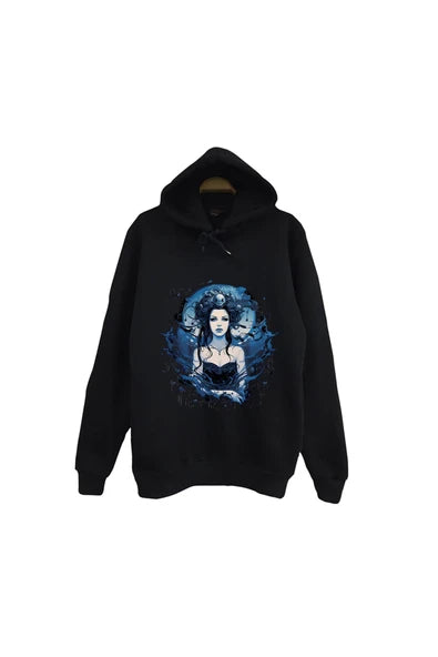 Evanescence - Müzik Grubu Mavi ay ışığında gotik baskılı siyah kapüşonlu sweatshirt