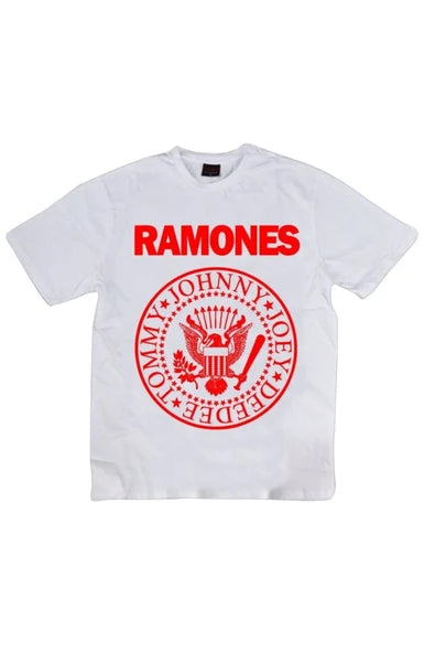 Erkek Beyaz Ramones baskılı beyaz tişört