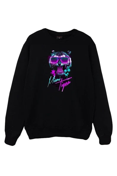 Kaplan Neon retrowave gözlüklü baskılı siyah sweatshirt