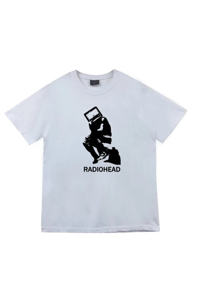 Radiohead Logosu ve televizyon kafalı baskılı beyaz tişört