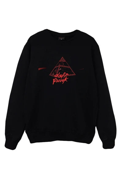 fame-stoned Daft Punk Baskılı Unisex %100 Pamuk Siyah Bisiklet Yaka Sweatshirt