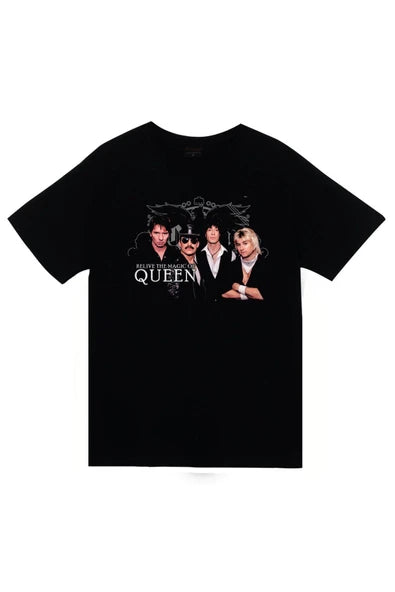 Queen Fotoğrafı ve logo baskılı siyah tişört