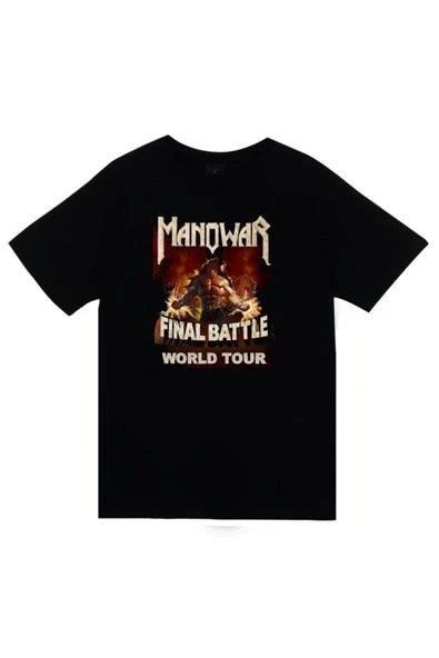 Manowar Final Battle World Tour baskılı siyah tişört