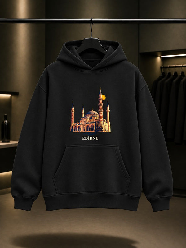 Edirne Beyaz Peyniri baskılı siyah kapüşonlu sweatshirt