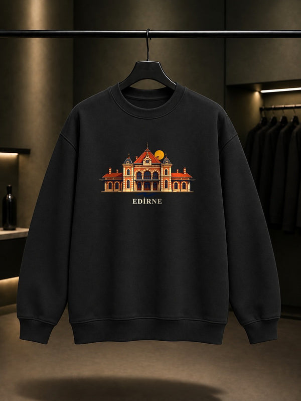 Edirne Karaağaç Tren Garı baskılı siyah sweatshirt