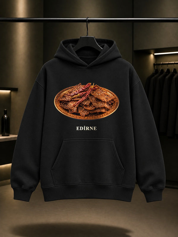 Edirne II. Bayezid Külliyesi baskılı siyah kapüşonlu sweatshirt