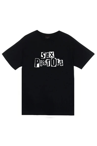 Sex Pistols Kolaj/gazete kesiği punk logosu baskılı siyah tişört