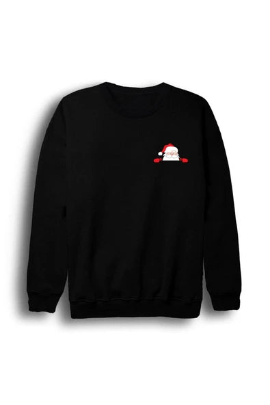 Noel Baba Christmas Yeni Yıl Cepten bakan kırmızı şapkalı baskılı siyah sweatshirt