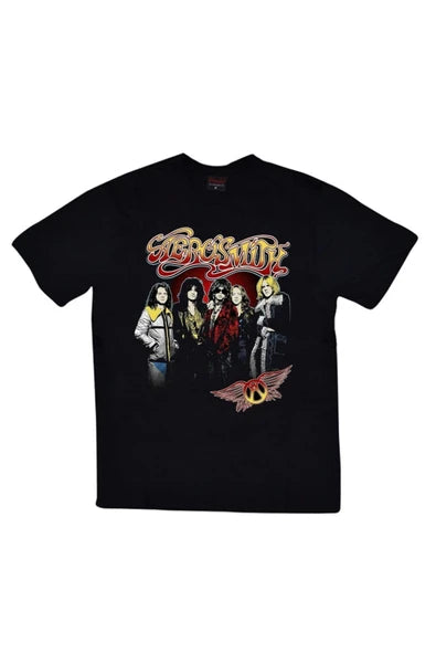 Unisex Siyah Aerosmith baskılı siyah tişört