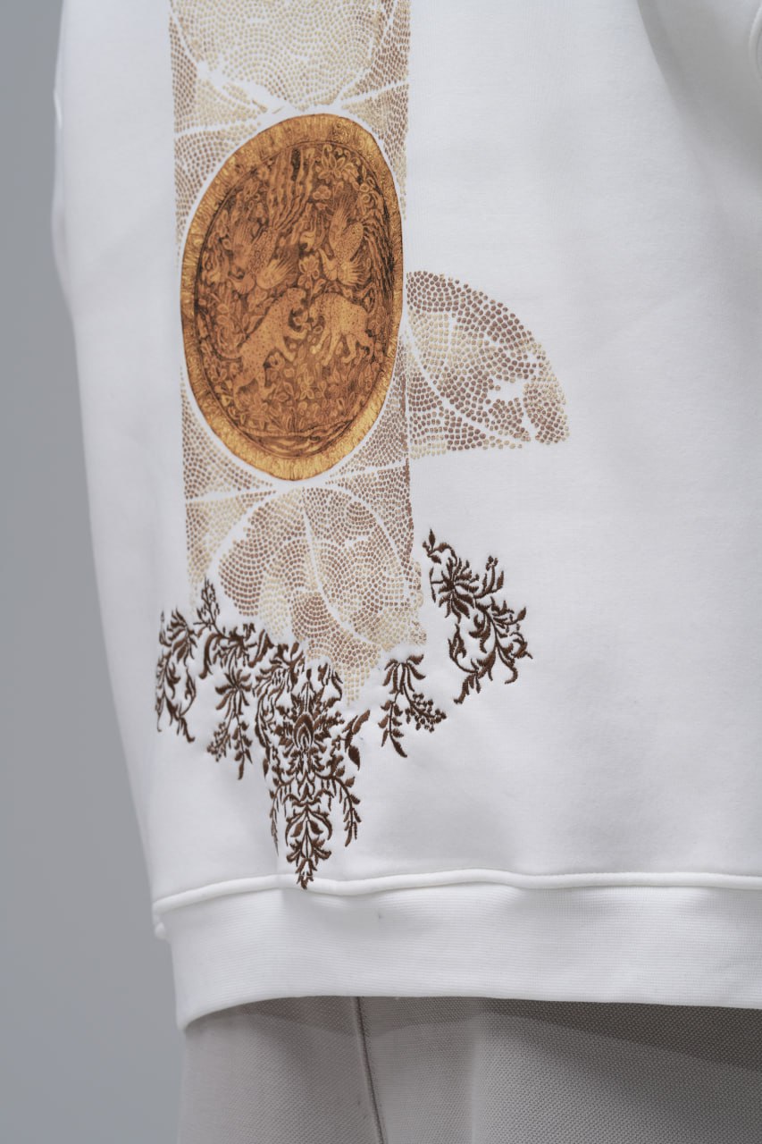 Heritage Baskılı Nakışlı %100 Pamuk Kapüşonlu Unisex Oversize Beyaz Sweatshirt