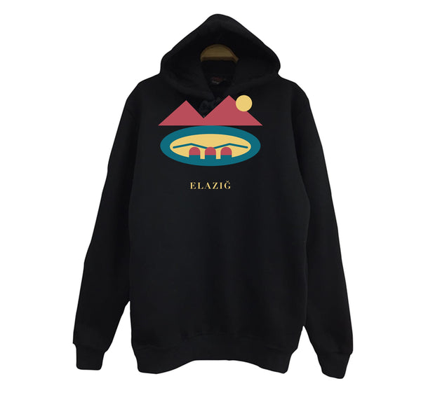 Elazığ Hazar Gölü Batık Şehir baskılı siyah kapüşonlu sweatshirt