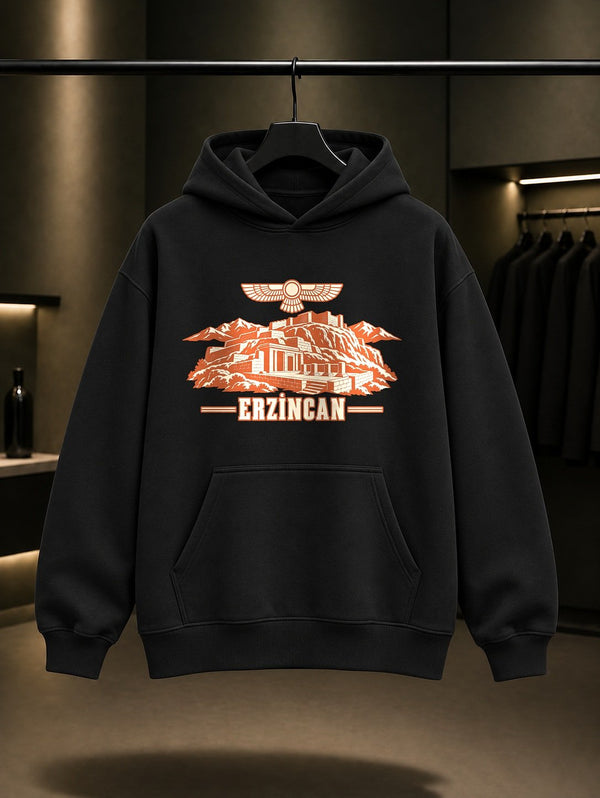 Erzincan Altıntepe Urartu baskılı siyah kapüşonlu sweatshirt