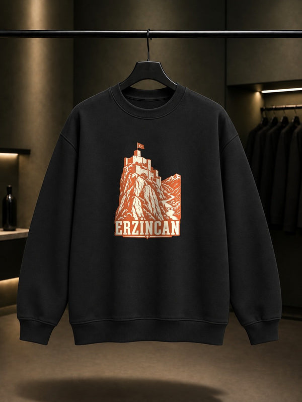 Erzincan Kemah Kalesi baskılı siyah sweatshirt