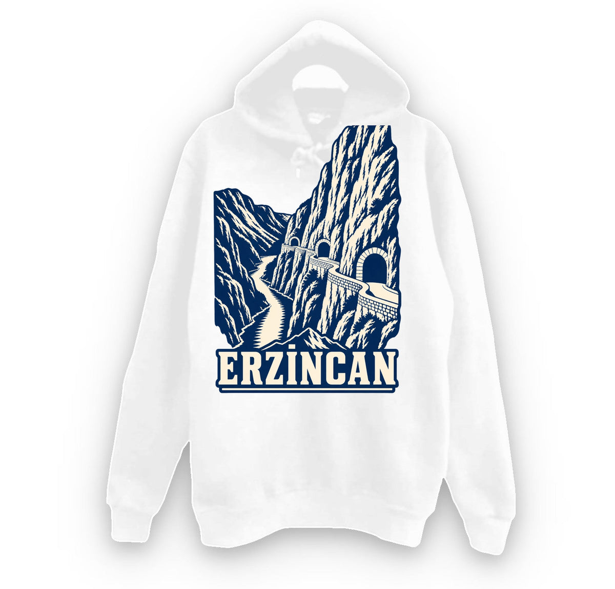 Erzincan Kemaliye Karanlık Kanyon baskılı beyaz kapüşonlu sweatshirt