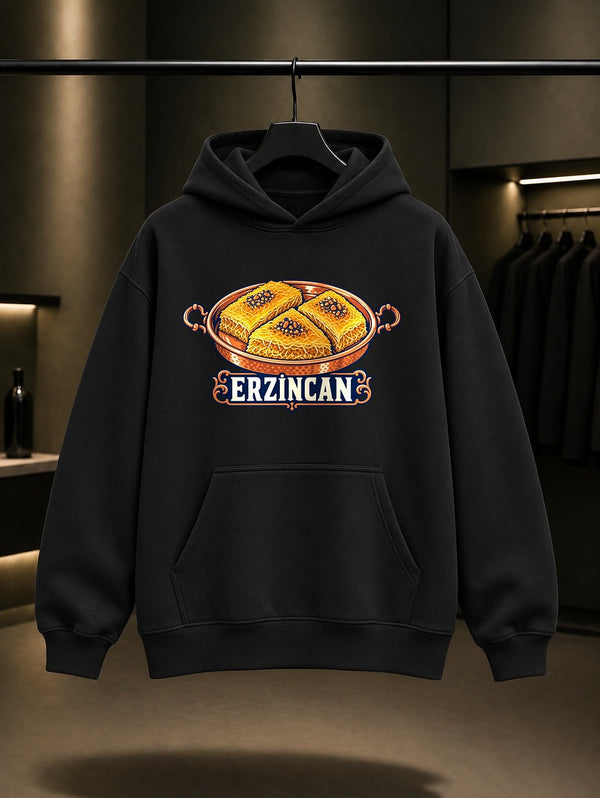 Erzincan Kesme Kadayıfı baskılı siyah kapüşonlu sweatshirt