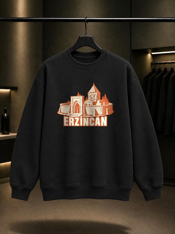 Erzincan Mama Hatun Külliyesi baskılı siyah sweatshirt
