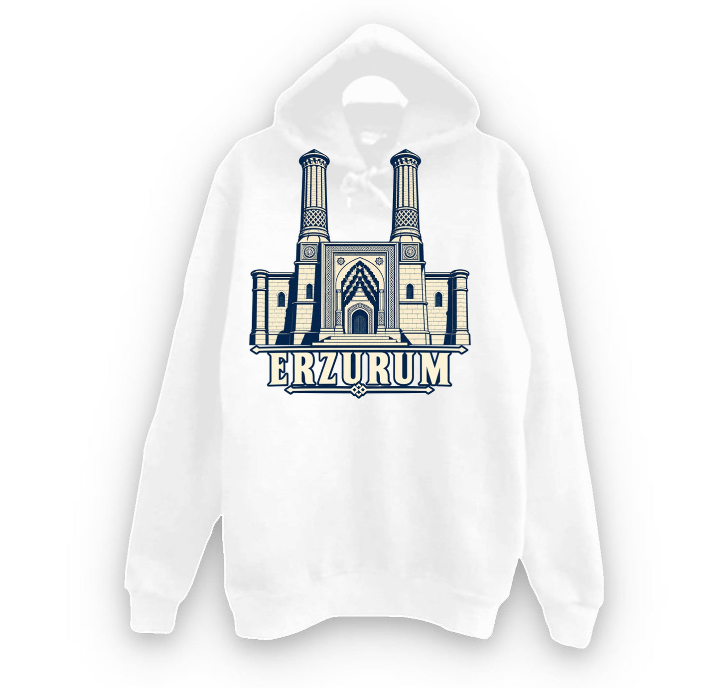 Erzurum Çifte Minareli Medrese baskılı beyaz kapüşonlu sweatshirt