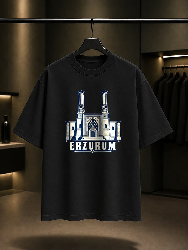 Erzurum Çifte Minareli Medrese baskılı siyah t-shirt