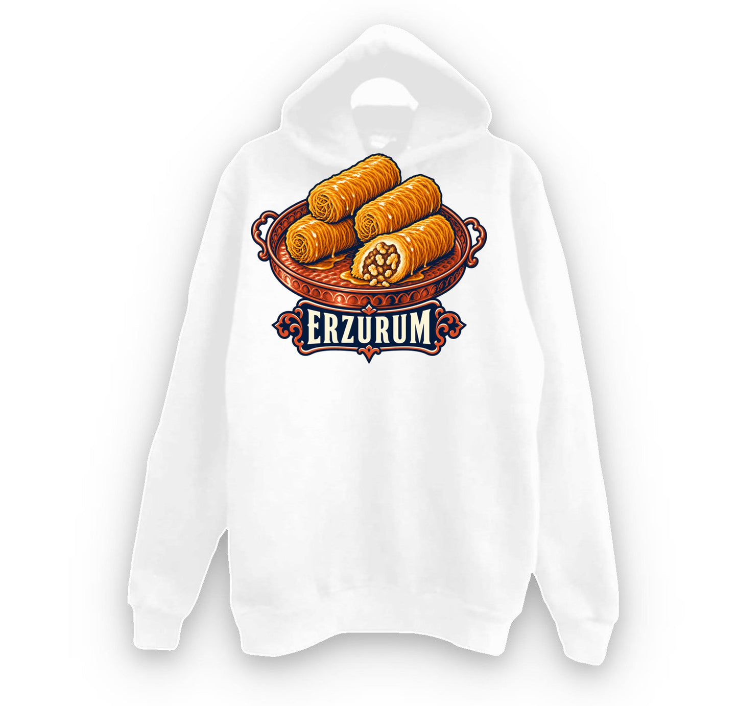 Erzurum Kadayıf Dolması baskılı beyaz kapüşonlu sweatshirt