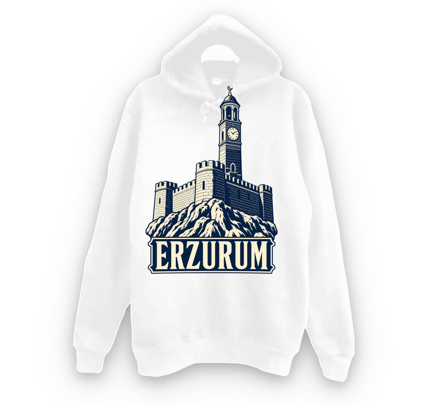 Erzurum Kalesi ve Saat Kulesi baskılı beyaz kapüşonlu sweatshirt