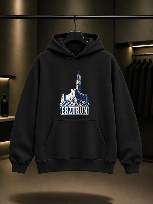 Erzurum Kalesi ve Saat Kulesi baskılı siyah kapüşonlu sweatshirt