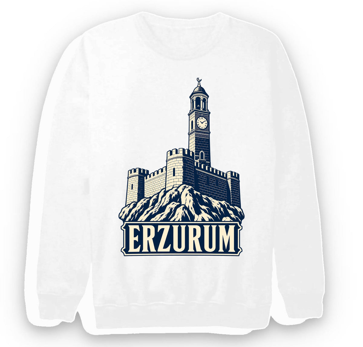 Erzurum Kalesi ve Saat Kulesi baskılı beyaz sweatshirt