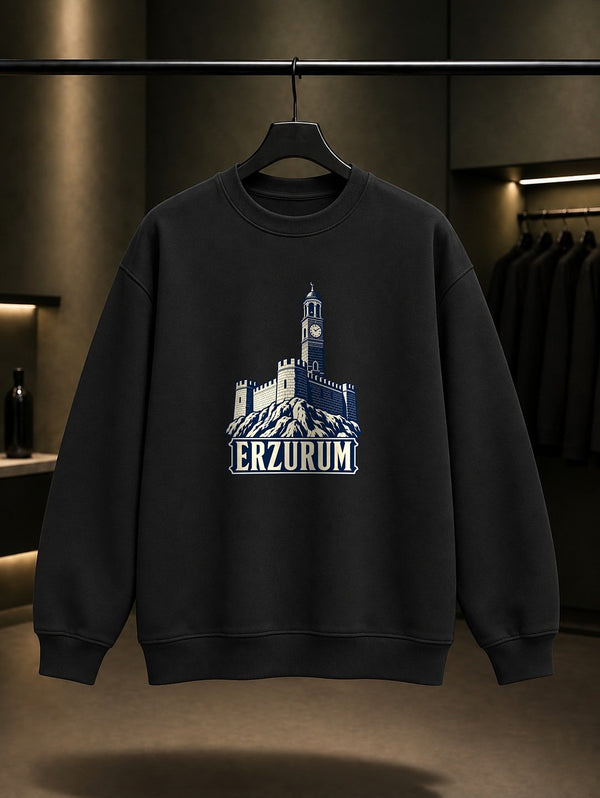 Erzurum Kalesi ve Saat Kulesi baskılı siyah sweatshirt