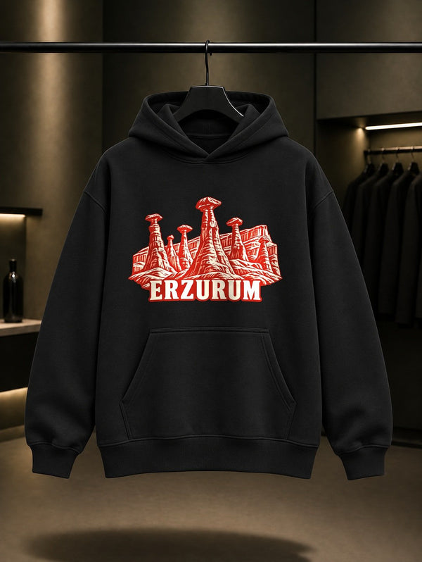 Erzurum Narman Peribacaları baskılı siyah kapüşonlu sweatshirt