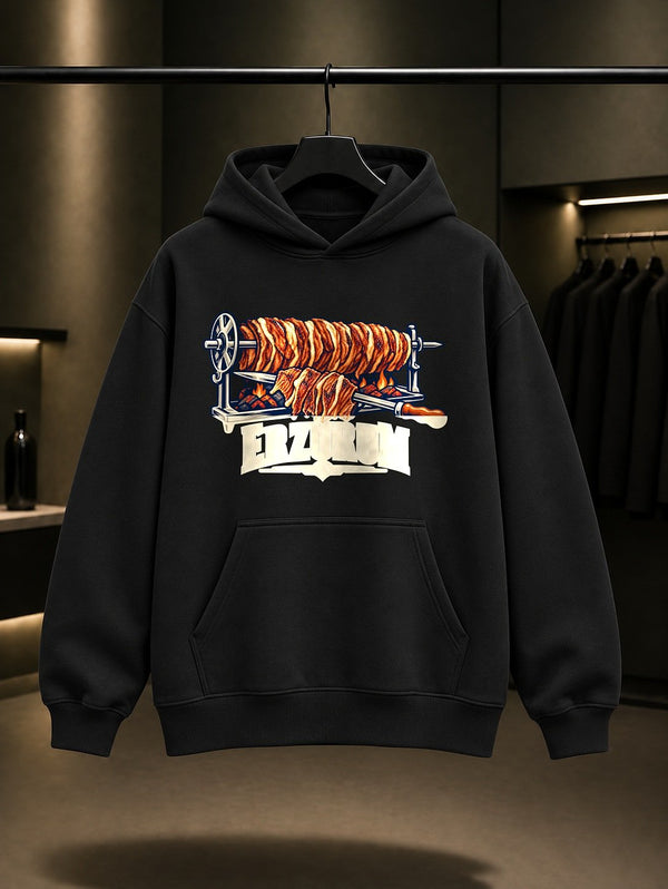Erzurum Oltu Cağ Kebabı baskılı siyah kapüşonlu sweatshirt