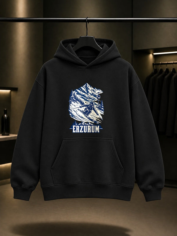 Erzurum Palandöken baskılı siyah kapüşonlu sweatshirt