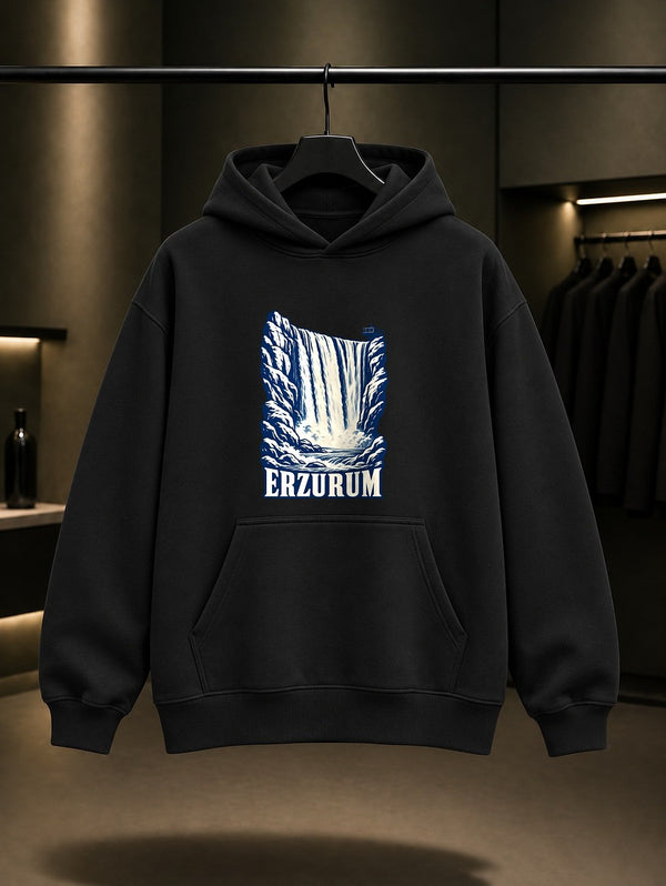 Erzurum Tortum Şelalesi baskılı siyah kapüşonlu sweatshirt