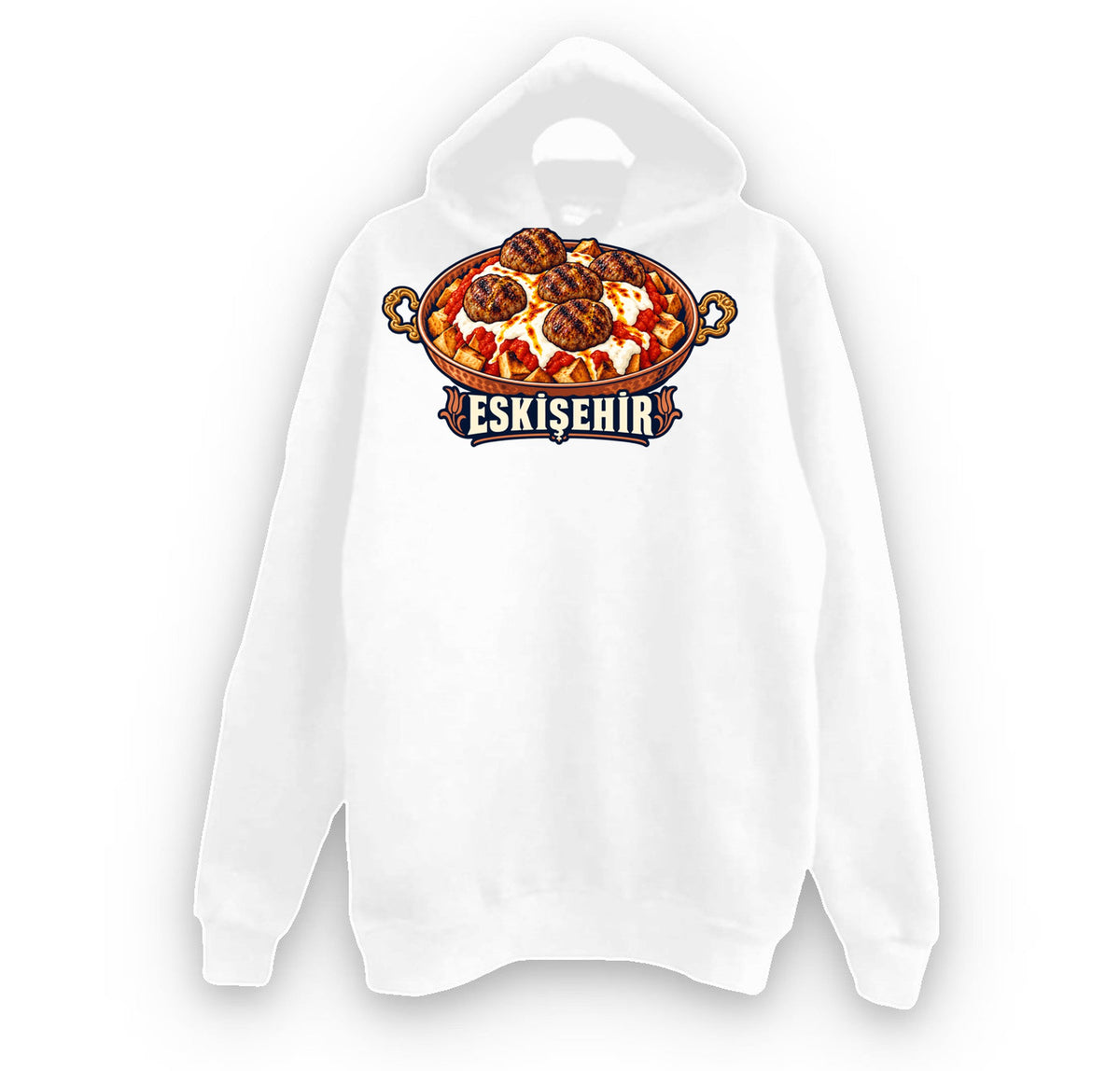 Eskişehir Balaban Köftesi baskılı beyaz kapüşonlu sweatshirt