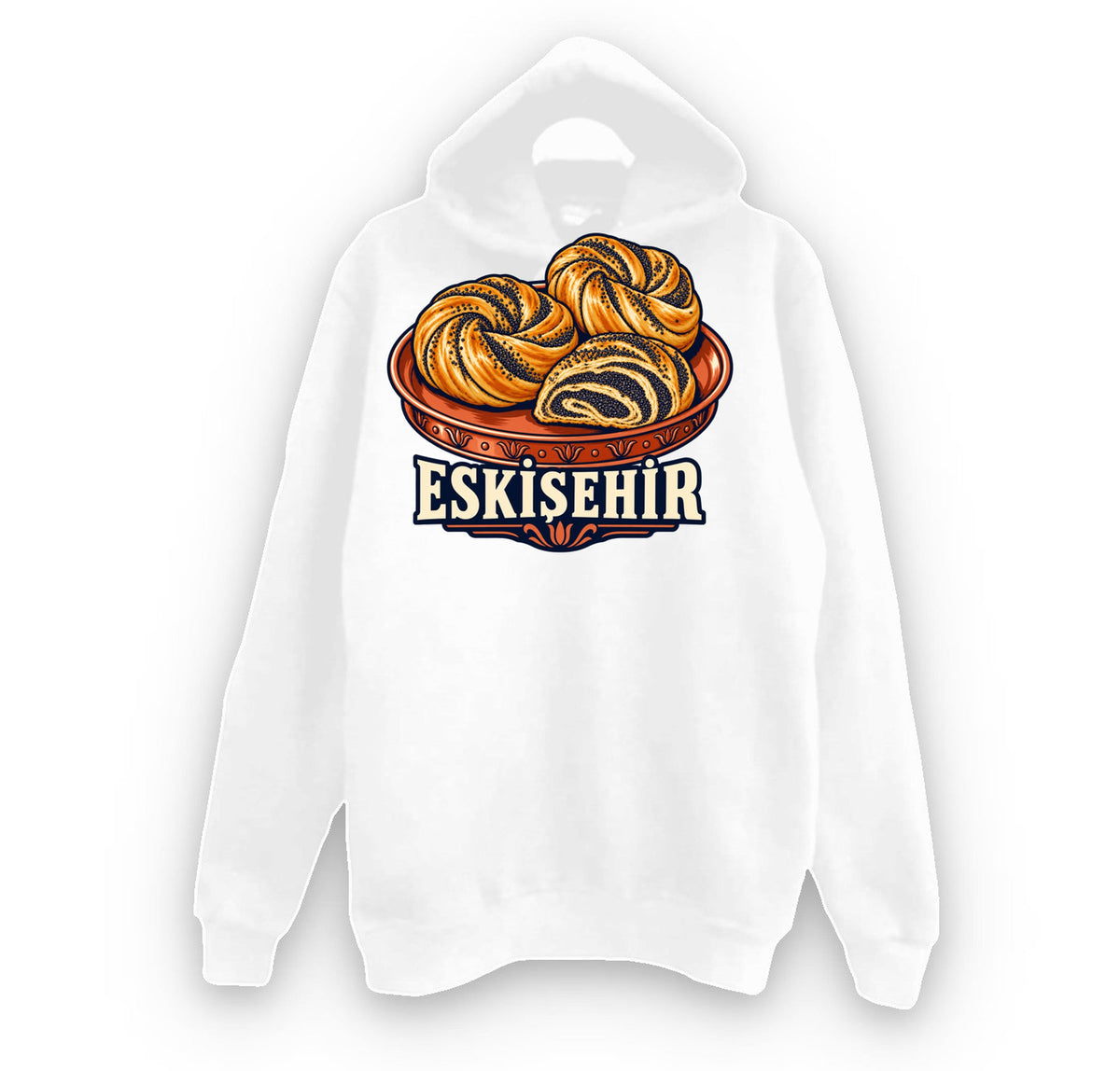 Eskişehir Haşhaşlı Bükme baskılı beyaz kapüşonlu sweatshirt