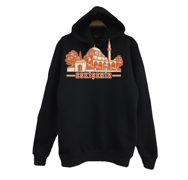 Eskişehir Kurşunlu Külliyesi baskılı siyah kapüşonlu sweatshirt