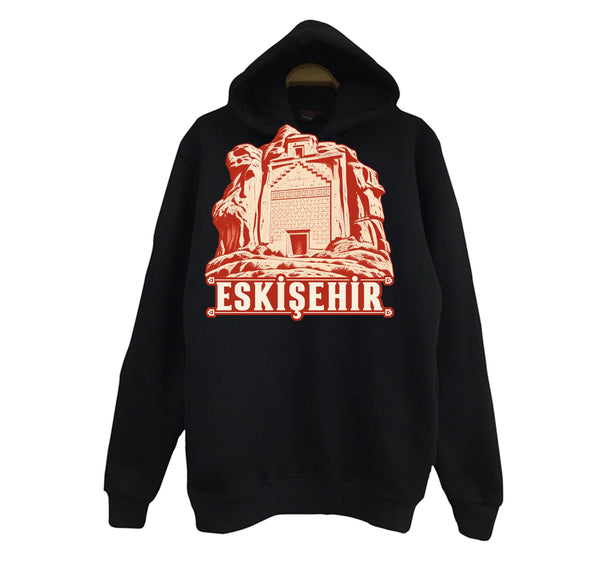 Eskişehir Yazılıkaya Midas Anıtı baskılı siyah kapüşonlu sweatshirt