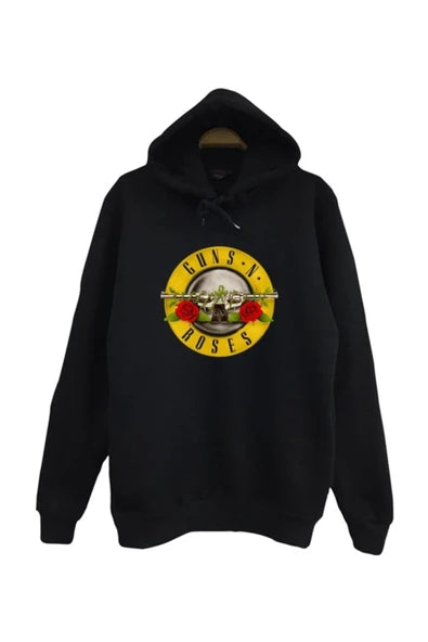 Guns N Roses Klasik sarı daire baskılı siyah kapüşonlu sweatshirt