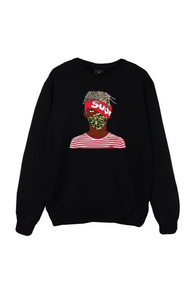 Astraworld Travis Scott Bandanalı ve çizgili tişörtlü baskılı siyah sweatshirt