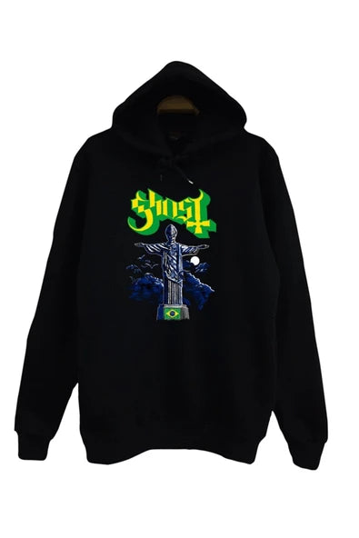 Ghost Kurtarici Isa heykeli baskılı siyah kapüşonlu sweatshirt