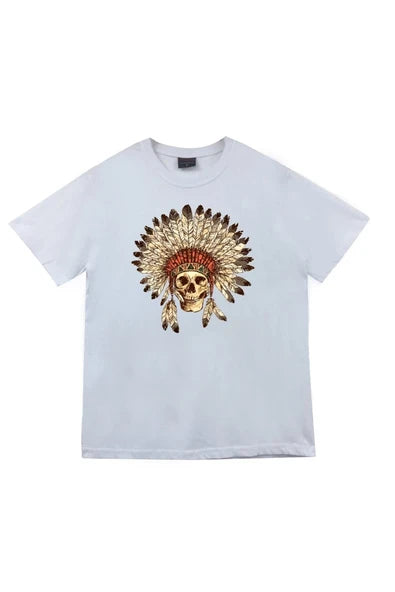 fame-stoned Kızılderili Baskılı Unisex %100 Pamuk Gri T-shirt